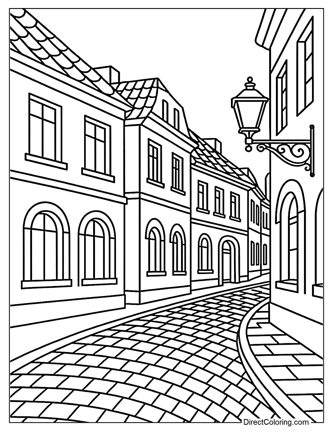 Old Lviv street coloring page with tiled roofs, arched windows, and old street lamps.